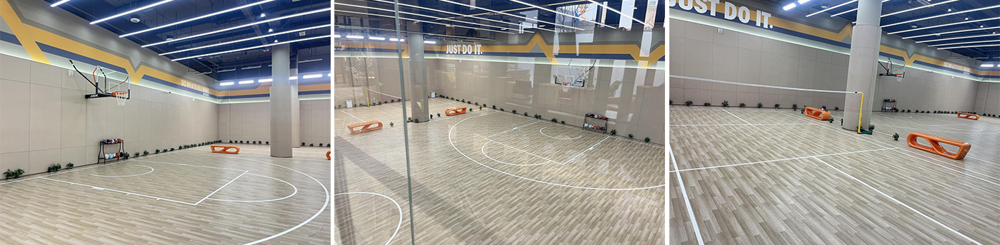 500 square meters of 4.5 light gray oak pattern flooring is installed in the court of a government agency in Qingdao, Shandong Province